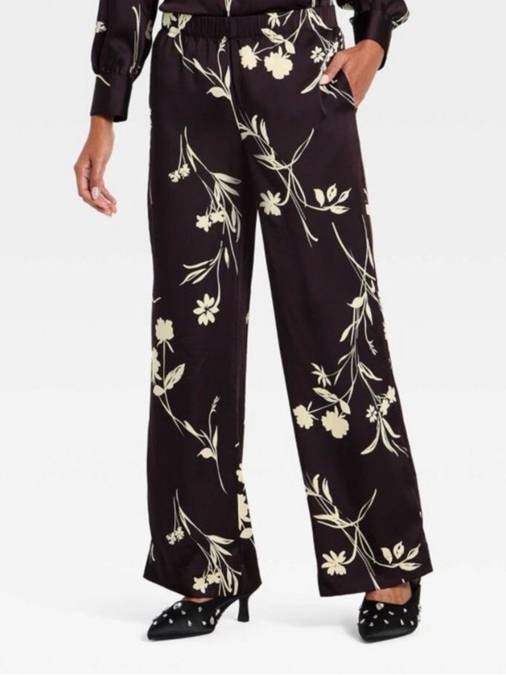 a new day Chocolate Brown Wide-Leg Floral Pants with Cream Print